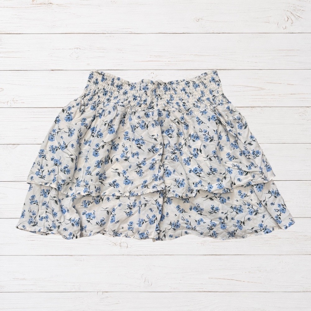 Cottagecore Floral Mini Skirt Blue White Smocked Tiered Ruffle No Boundaries S